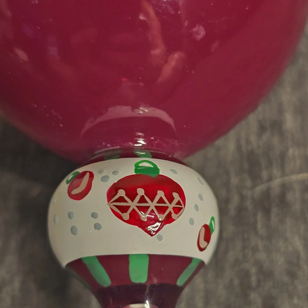 Holiday Hand Painted Cranberry Red Wine Glass Christmas Ornament Stem 9 Inch